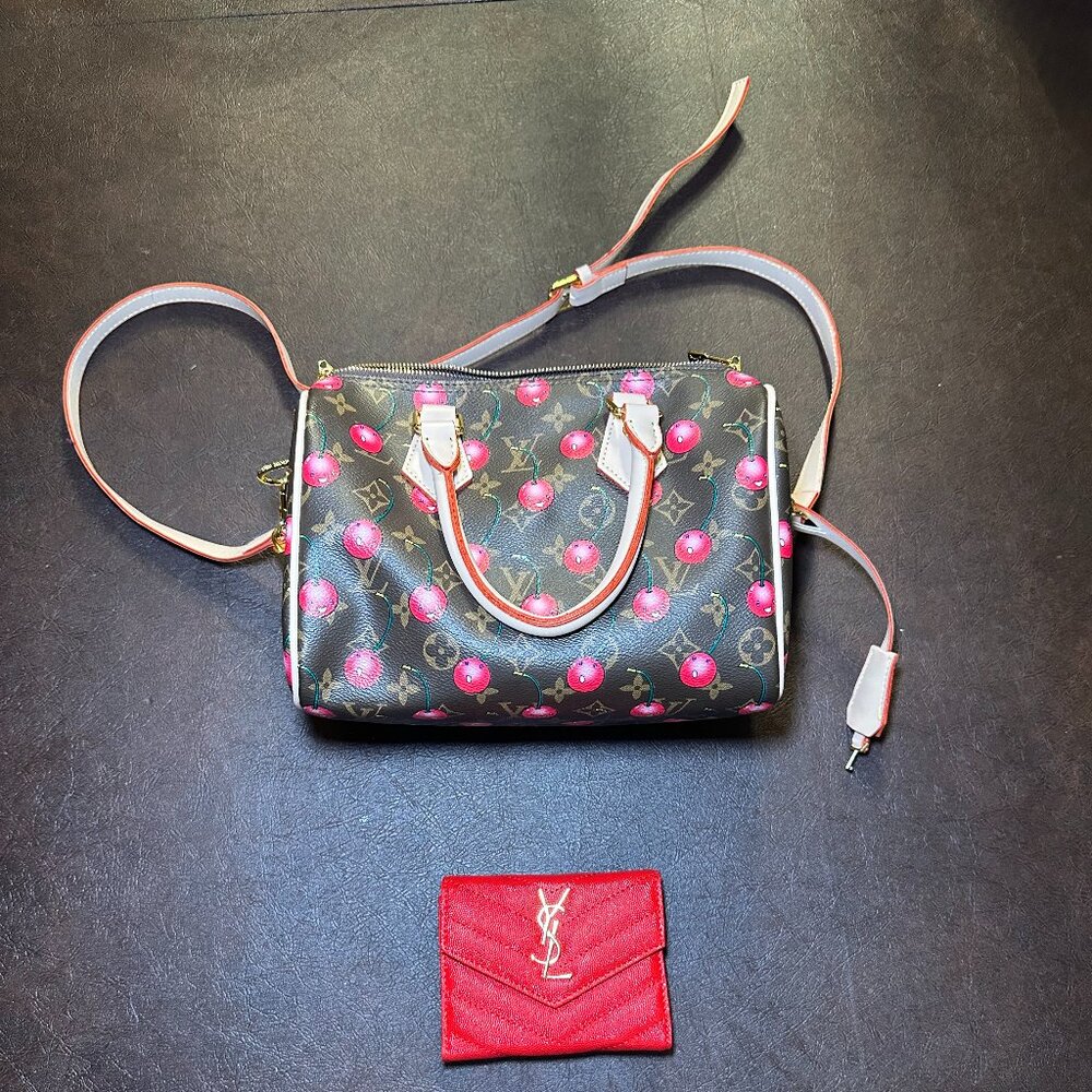 Designer inspired Satchel and Wallet in Monogram Cherry Print Brown, Red, Pink
